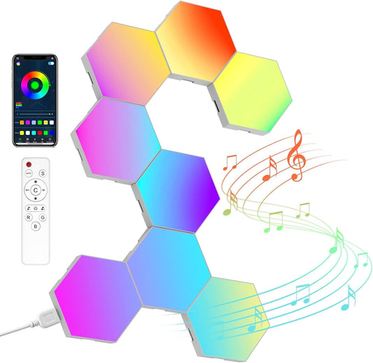 NIUCOO 8 Pack Hexagon LED Lights Wall Panels, Smart RGB Gaming Lights with APP & Music Sync, DIY Modular Hex Tiles, USB-Powered for Autism/Game Room/Party Decor