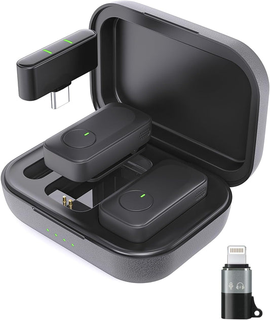 Wireless Lavalier Microphone for iPhone/Android Phone/Laptop/PC, Mini Lapel Mic with 50H Battery Life Charging Case, 100FT Range and Noise Reduction, for Video Recording, Streaming, TikTok