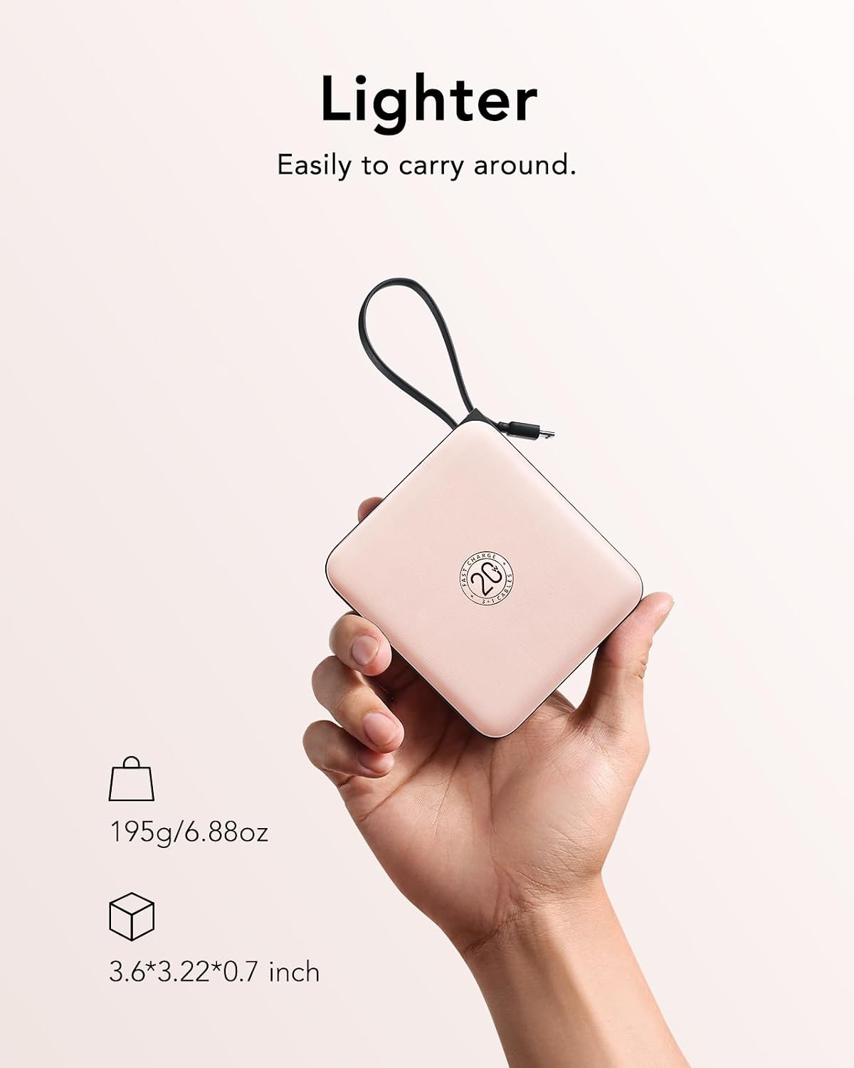 VRURC Portable Charger for iPhone Built-in Cables, 22.5W USB C Fast Charging 10000mAh Pocket Power Bank, Battery Pack for iPhone 17/16/15 & Samsung Galaxy Android Phone, Pink(1 Pack)