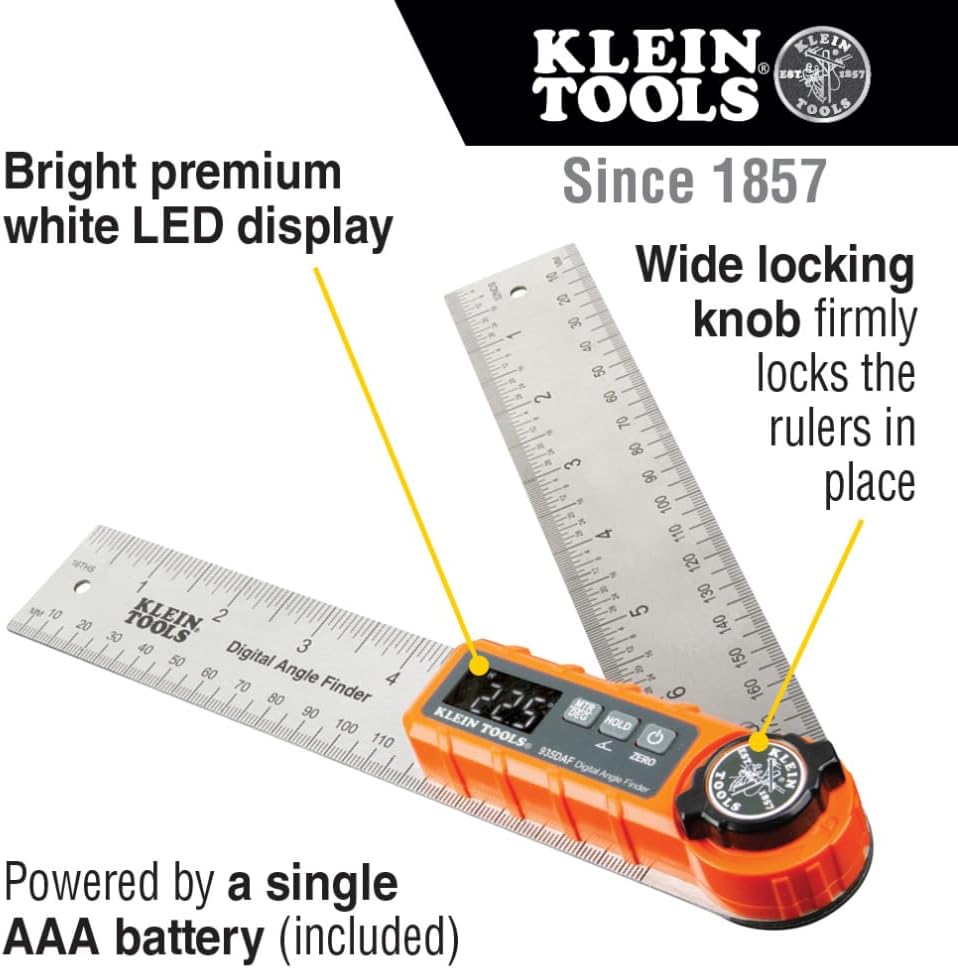 Klein Tools 935DAF Digital Angle Finder, Precision Measurements, Miter Saw Protractor Angle Calculation and Portable Design
