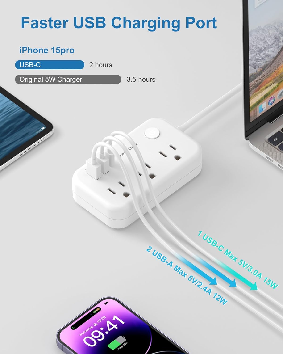 Type E/F Plug Adapter, European Plug Adapter, Germany France Travel Adapter | 3 USB, 3 Outlets, Portable, 4000W, USB-C(15W), 4FT, Schuko Plug for US to Europe EU Spain Iceland Korea Greece Norway Russia