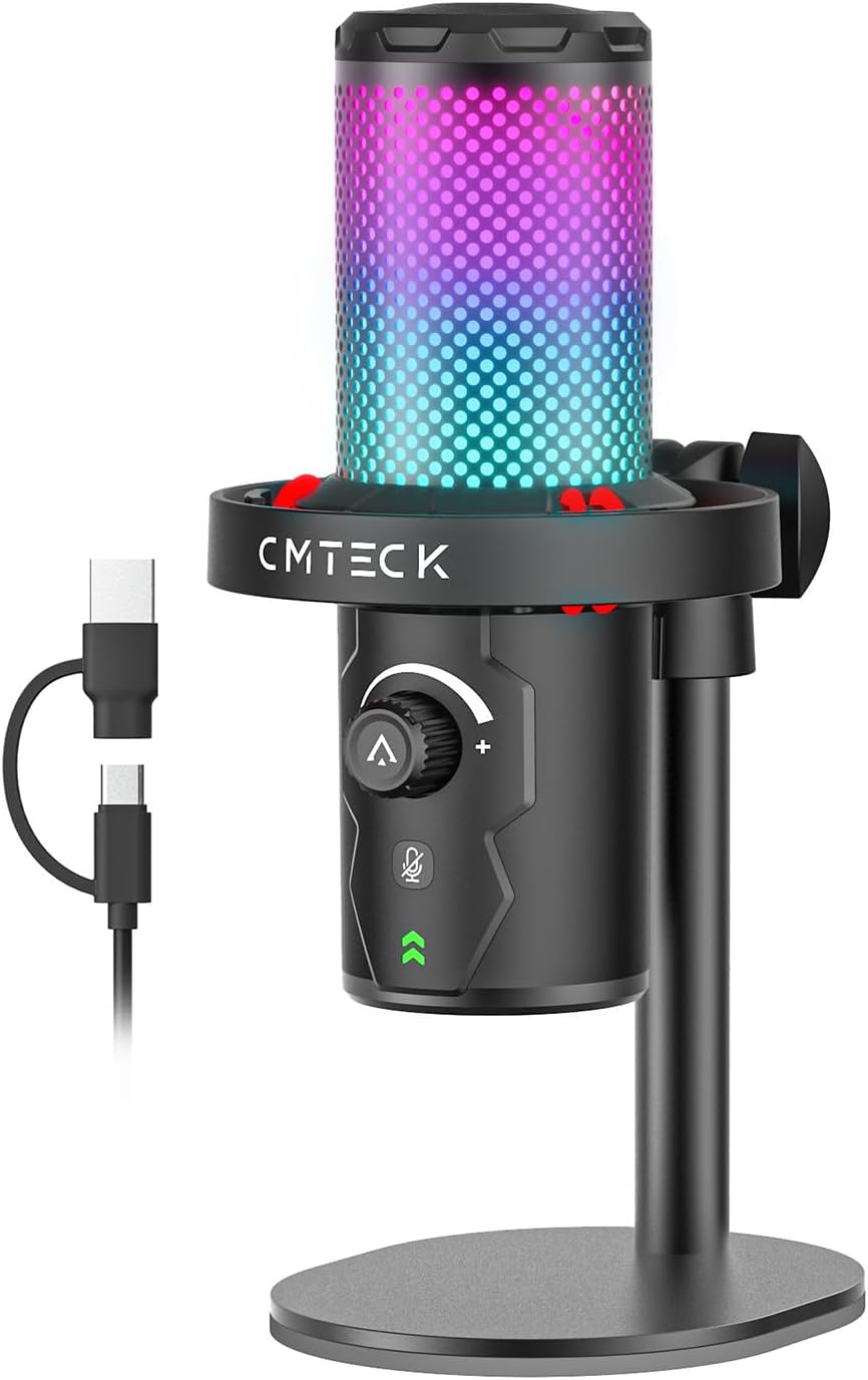 CMTECK USB Microphone, Studio-Quality, Customizable RGB Light for PC/Laptop