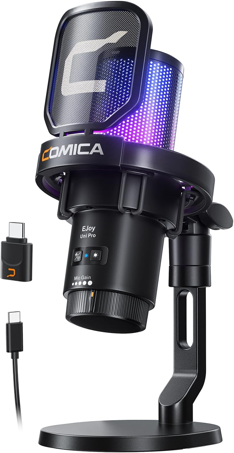 COMICA Ejoy Uni(D) USB Gaming Microphone with Noise Reduction, RGB Lights | 48kHz/24bit Sound Quality, Shock Mount, One-Key Mute, Streaming PC Mic for PS5, PS4, Podcast, Chat, Twitch, YouTube, Discord