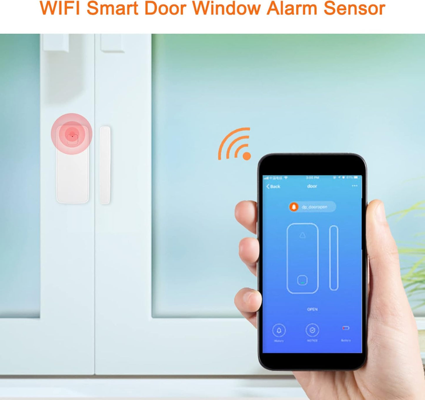 WiFi Door Window Sensor, Smart Wireless Entry Alert with App Push Notifications 45m Range 2 AAA Battery No Hub Required for Home Apartment White 1 Pack