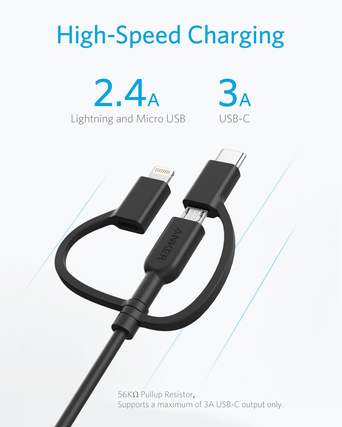 Anker Powerline II 3-in-1 Lightning, USB C, Micro USB Cable (3 ft, Black) | Compatible with iPhone, iPad, Huawei, HTC, LG, Samsung, Sony Xperia, Android Devices, and More