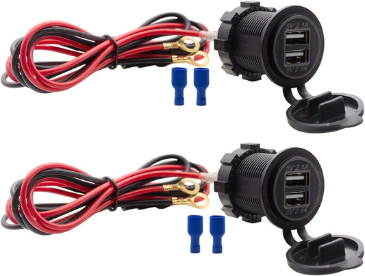 Dual USB Charger Socket Waterproof Power Outlet 12V/24V 2.1A & 2.1A for Car Boat Marine RV Mobile Blue LED