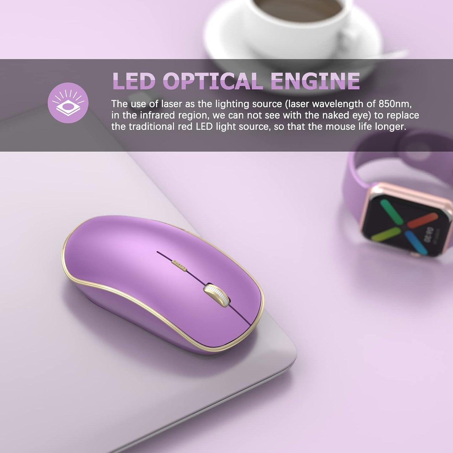 JOYACCESS Silent Wireless Mouse - 2.4G Portable & Ergonomic with 5 DPI Levels for Desktop, Notebook, PC & Laptop (Purple)