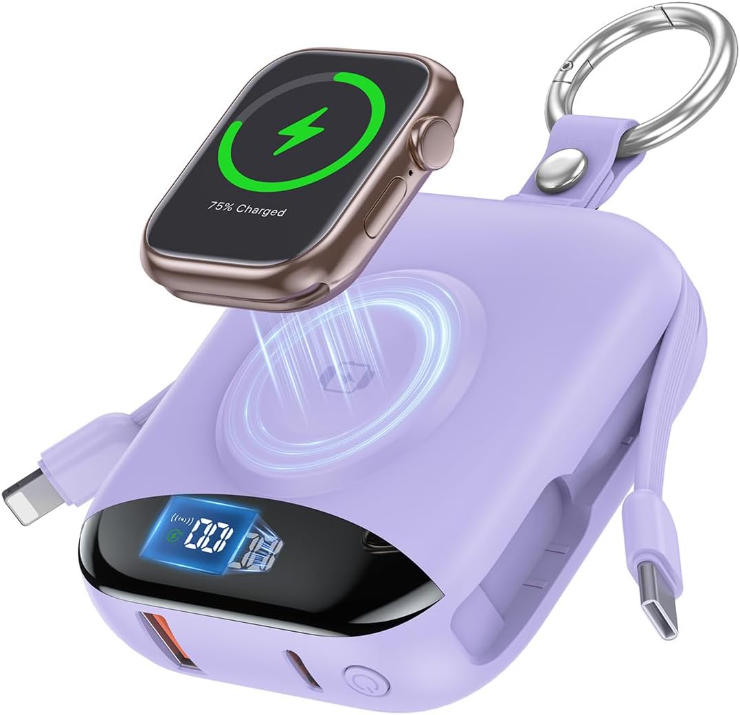 citicr Portable Charger 10000mAh w/Built-in Cables & iWatch Charger Purple | Fast charging, Built-in cables, LED display, Charge 5 devices at once, Ring buckle, TSA approved, Pocket size, Charge iWatch