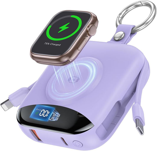 citicr Portable Charger 10000mAh w/Built-in Cables & iWatch Charger Purple | Fast charging, Built-in cables, LED display, Charge 5 devices at once, Ring buckle, TSA approved, Pocket size, Charge iWatch