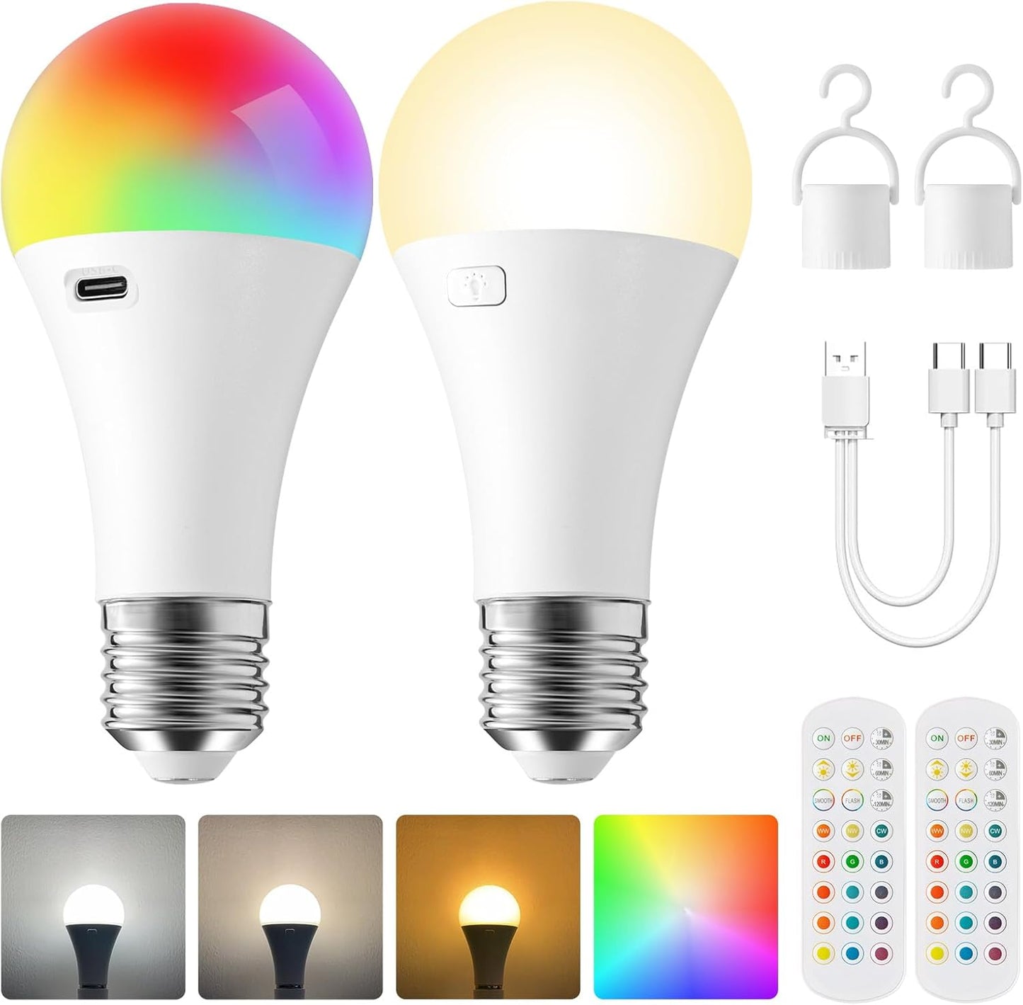 2Pack E26 Rechargeable Light Bulbs with Remote, A19 40W Equivalent Bulb, Soft Warm White 2700K, 400LM Dimmable 5W LED Light Bulb with 15 Colors 3 Timer for Non-Wired Lamp Sconce, Touch, Remote Control