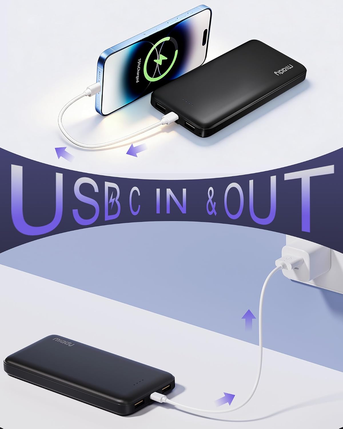 Miady 2-Pack Portable Charger, Slim 10000mAh Power Bank Travel Battery Pack | Dual USB丨3 Outputs 2 Inputs丨for Backpack Travel Camping丨Slim丨Compatible with iPhone Android etc丨Flight-Safe丨37Wh丨Black+White
