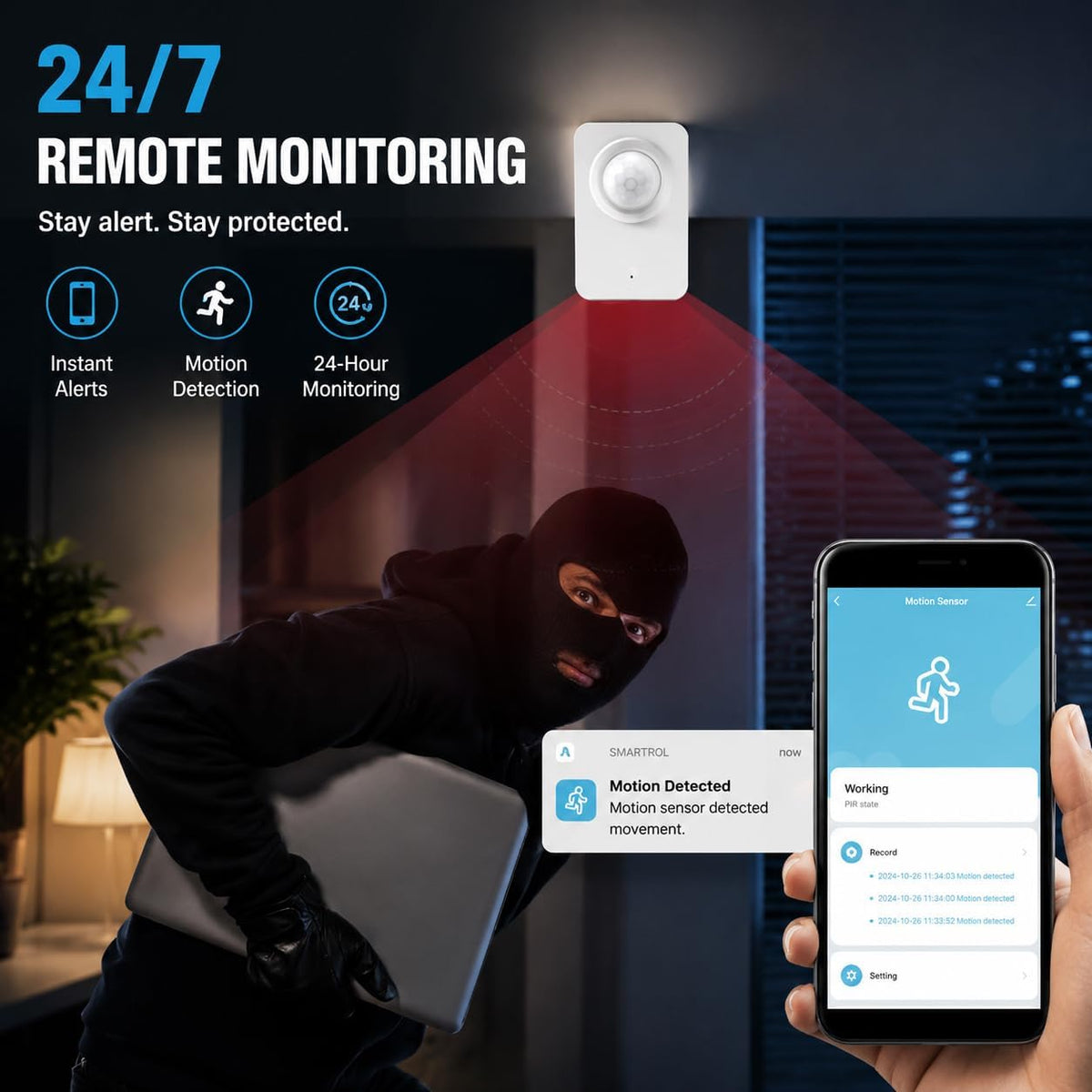 WiFi Motion Sensor for Home Security, Smart PIR Motion Detector with Free App Alerts, Smart Life Remote Monitoring, 2.4GHz Wireless Sensor, No Hub Required for Smart Home Automation