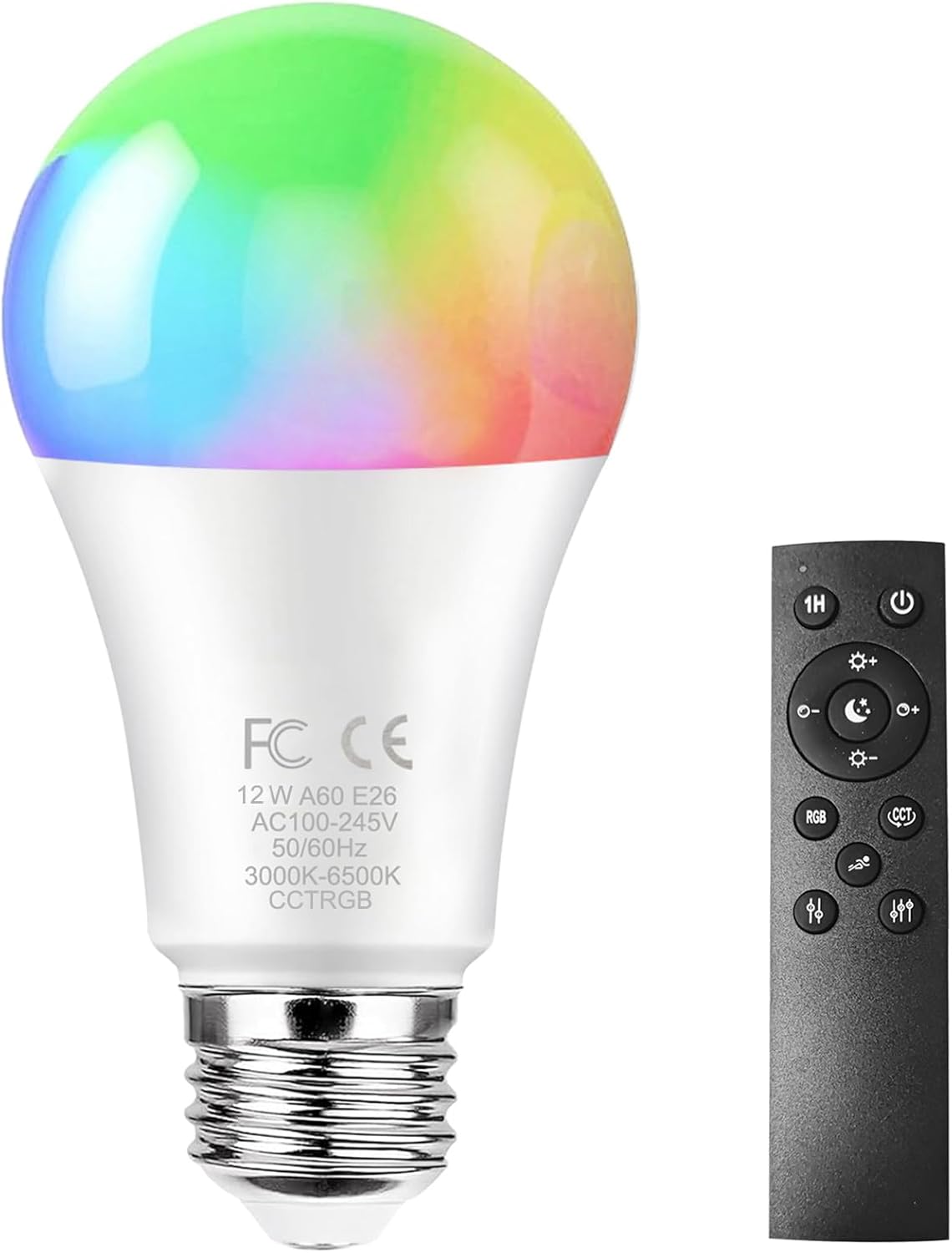 GRV E26 12W Smart LED Bulb with a 2.4GHz Remote Control,RGBCW Color Changing Led Bulb,Stepless Dimmable 3000-6500K,100W Incandescent Lamp Equivalent,A19 1000Lumens,CRI>80,Home Decor,1 Bulb & Remote