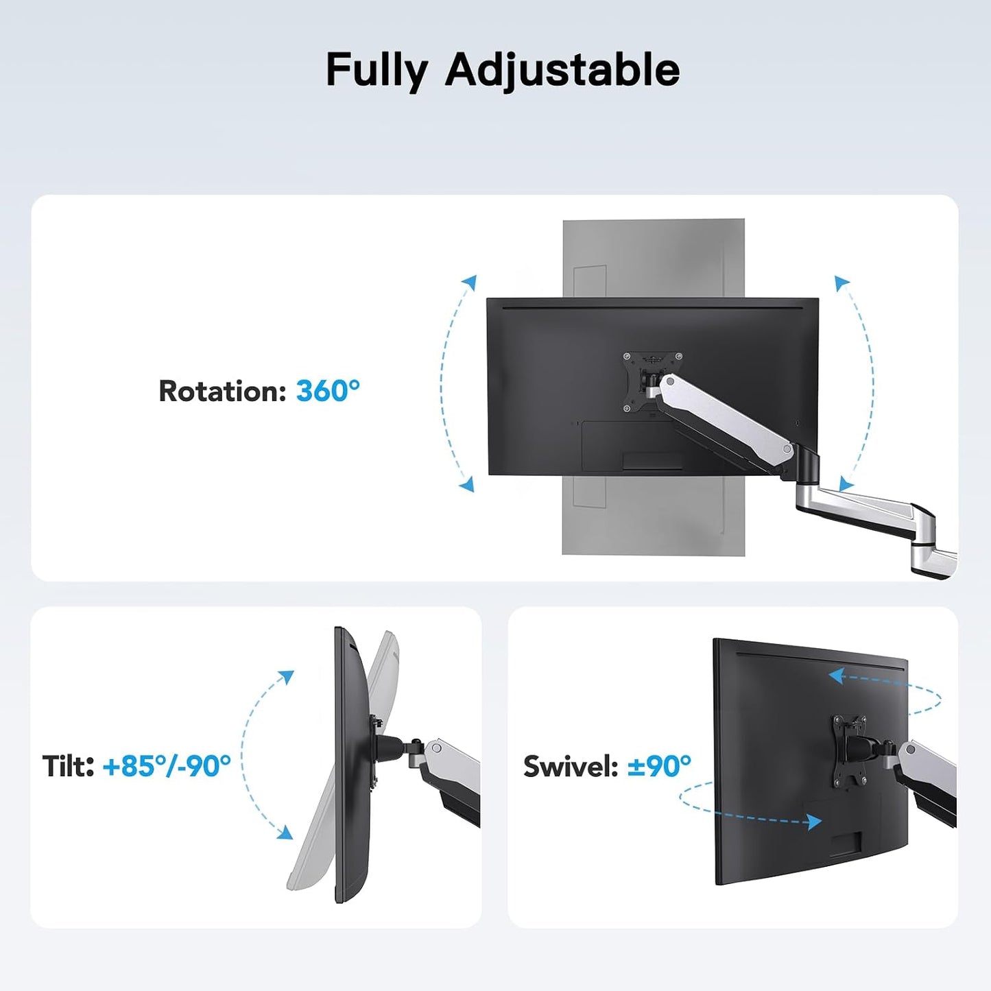 HUANUO Gaming Triple Monitor Stand, Full Motion Articulating Triple Monitor Mount Fit 17 to 32 inch Flat/Curved LCD Computer Screens with Clamp, Grommet Kit, Silver