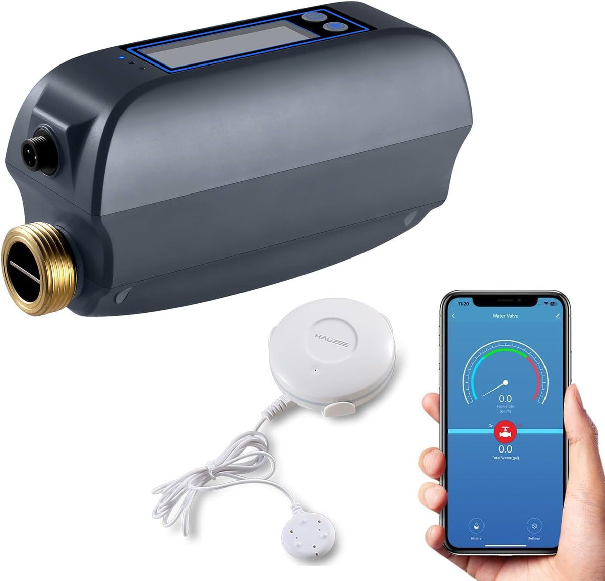 Haozee WiFi Smart Water Valve and Auto Shut-Off | Ultrasonic Flow Detection,Customizable High/Low Flow Alerts, With Wifi Water Sensor,For 3/4" Diameter DN20 Pipe