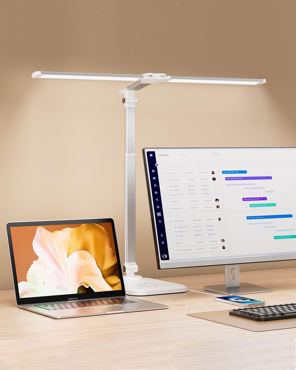 CHARYJOD LED Desk Lamp for Office Home, Height Adjustable Architect Desk Light with USB Adapter, Stepless Dimming Desk Lamp Light for Reading, Study, Workbench