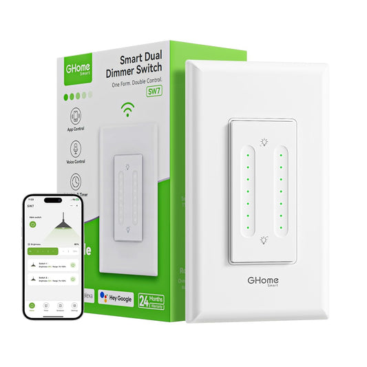 GHome Smart Dual Dimmer Light Switch, 2 in 1 Single Pole Smart Dimmer Switch Works with Alexa & Google Home, WiFi 2.4Ghz, Stepless Dimming, Voice Control, Remote Control, Schedule & Timer, FCC Listed