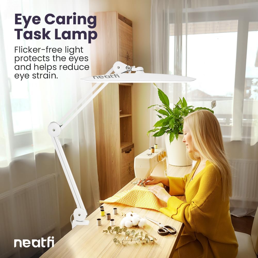 Neatfi XL 2200 Lumens 20W LED Desk Lamp with Clamp – Adjustable Color Temperature | 4-Level Dimmable Light | Home Office, Crafts & Workbench | 20-Inch Wide Head (White, CCT with Clamp)