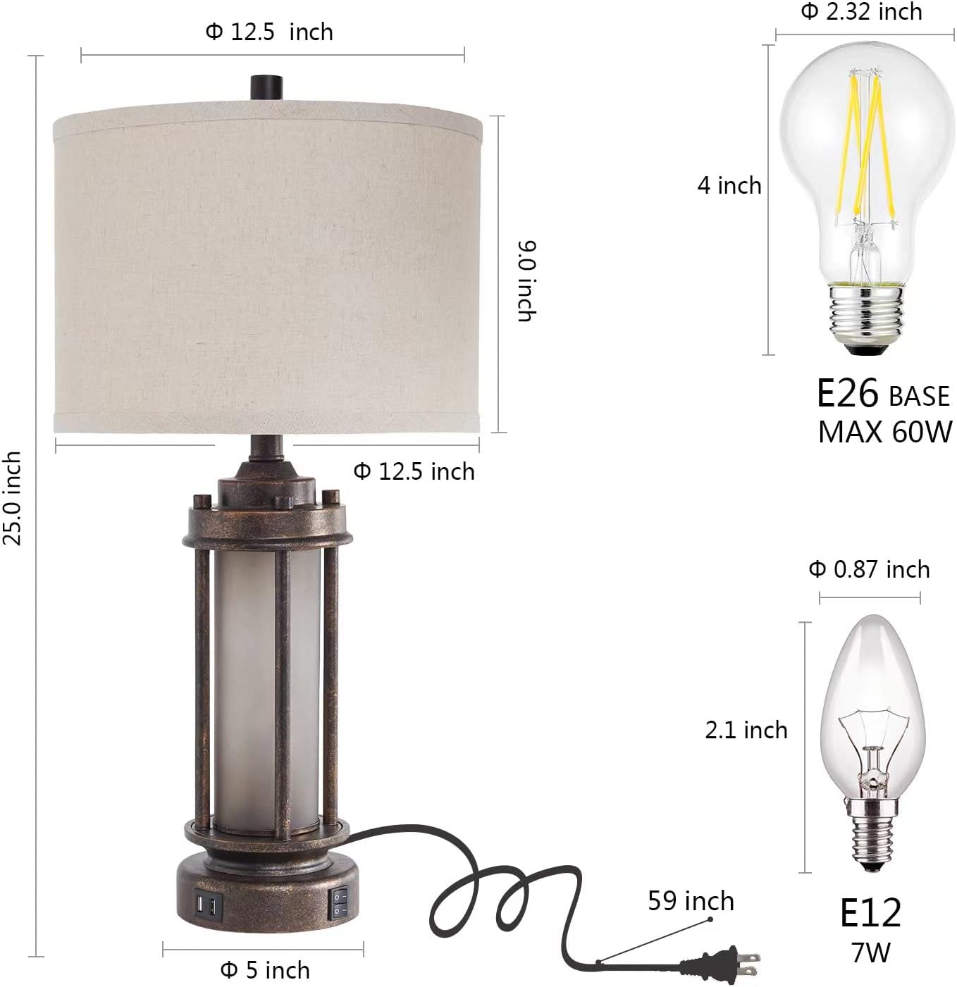Set of 2 Farmhouse Lamps for Living Room with Glass Night Light and USB C+A | Rustic Vintage Bedroom Nightstand Table Lamp, Built-In Frosted Glass for End Table Entryway, 4 Bulbs Included (Bronze)