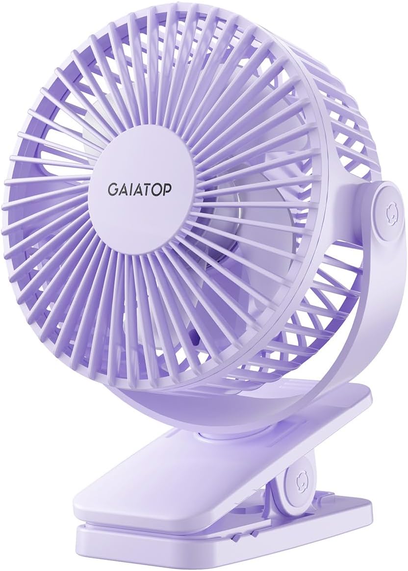 Gaiatop Portable Clip on Fan, Mini Personal Rechargeable Fan | Battery Operated, Small 3 Speed Quiet 360° Rotate, Cooling for Desk Table Home Office Stroller Camping Women Gifts Purple