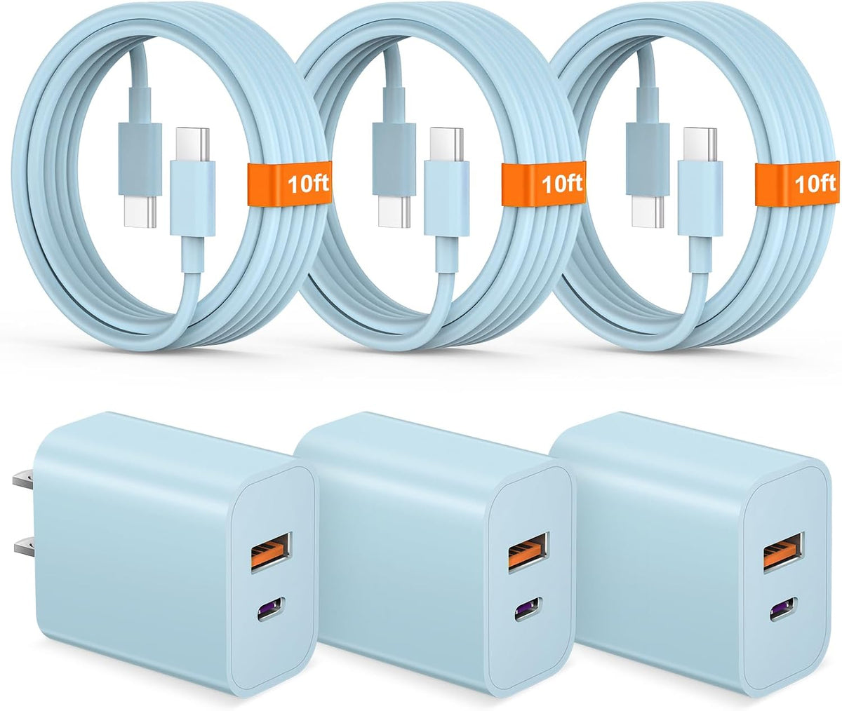 iPhone 17 16 15 Charger Fast Charging USB C Charger Block Type C Chargers Charging Block with 3 Pack 10FT Cable for iPhone 17/17 Plus/17 Pro Max/16/16 Plus/16 Pro Max/15 Pro Max/iPad Pro(Blue)