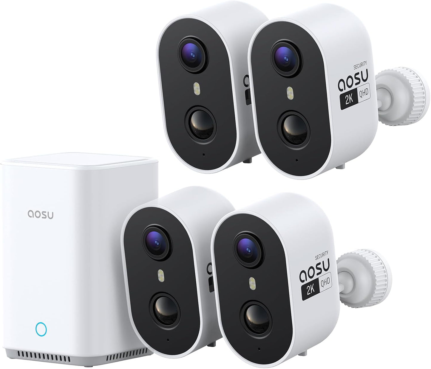 aosu Wireless Outdoor Security Camera Kit with aosuBase Local Storage, 2K with 6X Zoom, 4-View Live, Cross-Camera Person Timeline, PIR + AI Human Detection, Color Night Vision, 4-Cam-Kit