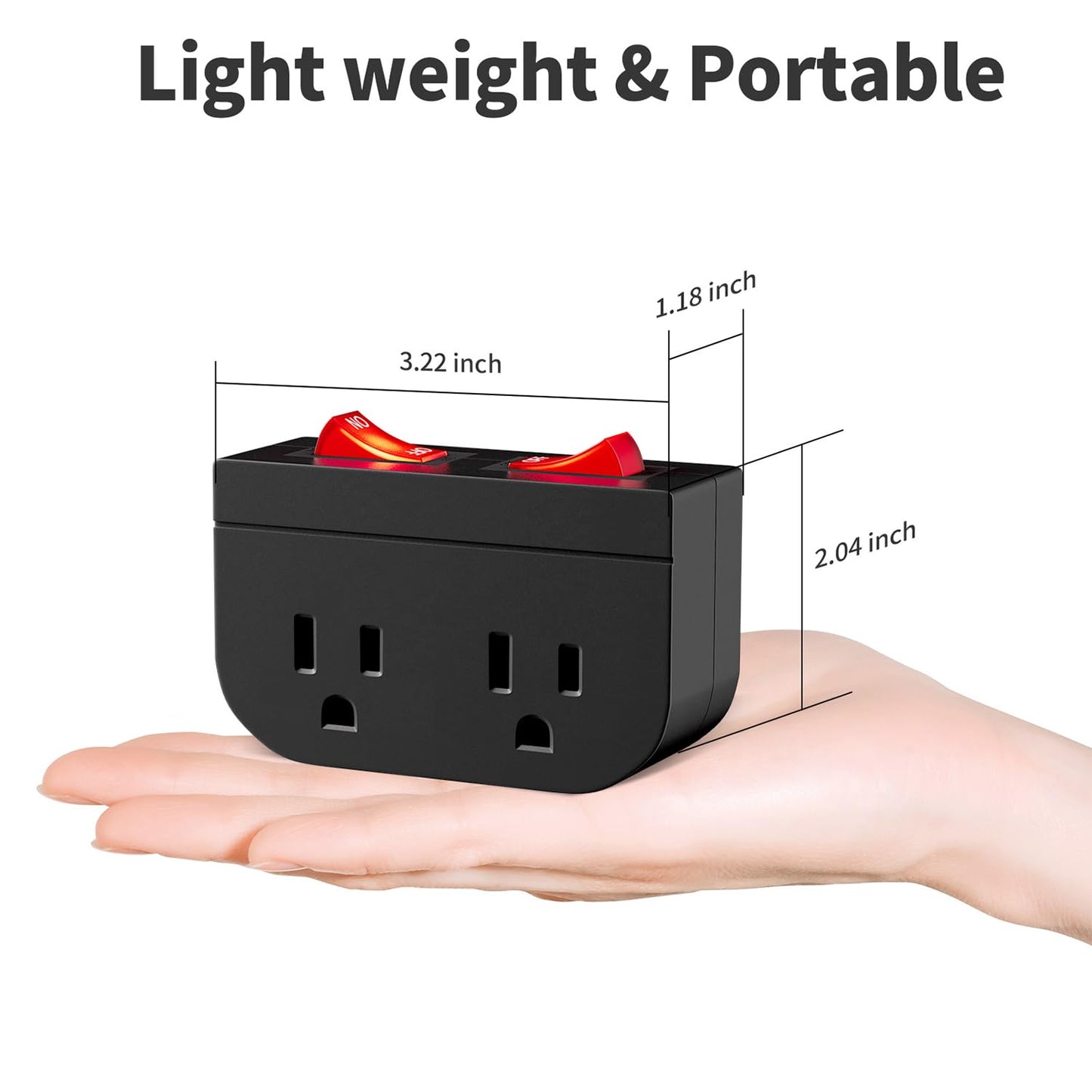 3Pack - POWAWINI Grounded Outlet with Double On Off Switch, Two Port Electrical Outlet Plug Switch, Wall Tap Adapter with Daul Red Indicator, 1875W,15A, ETL Listed (Black)