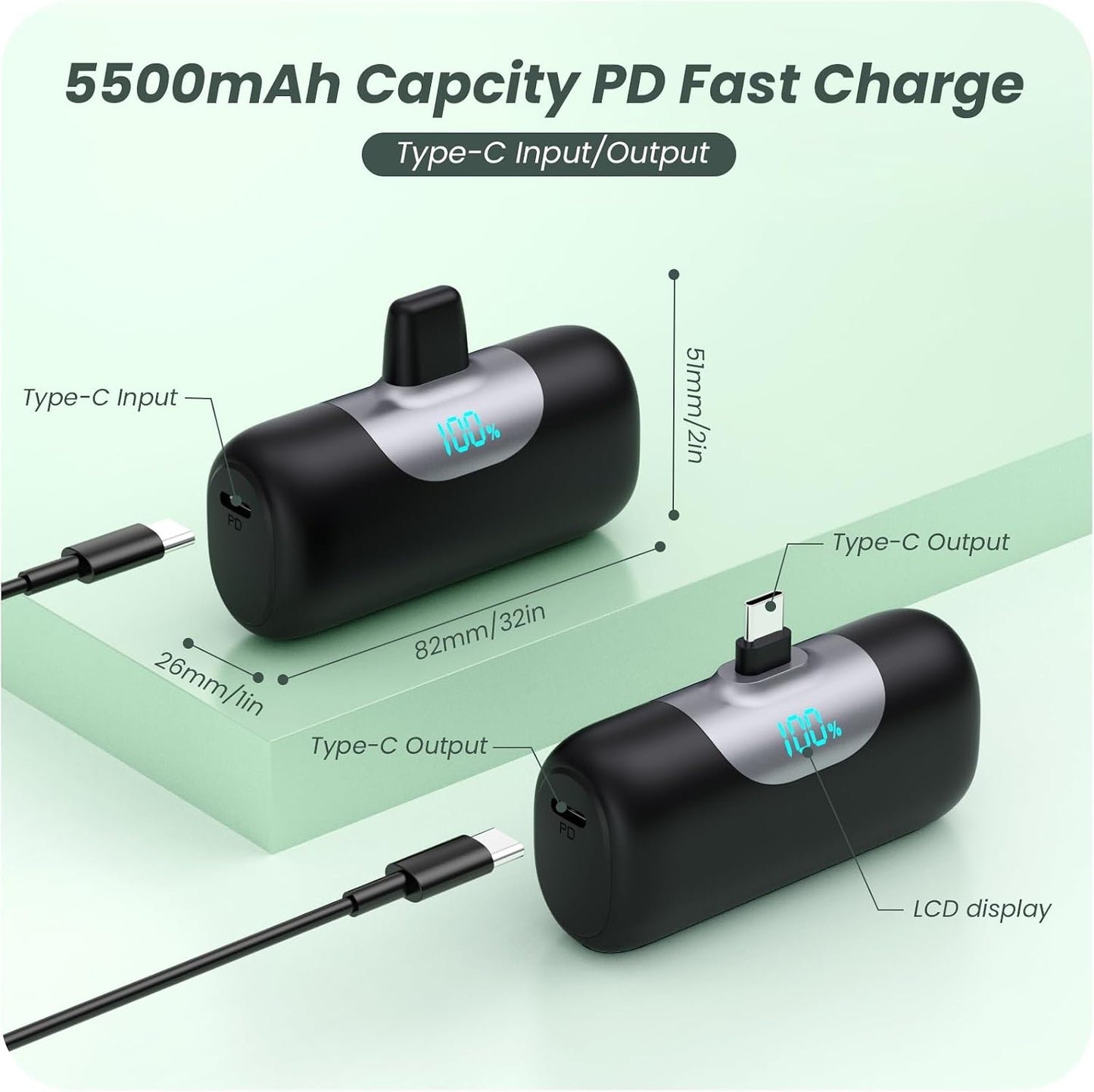 [2-Pack]5500mAh Portable Charger for iPhone 17/16, LCD Display USB C Mini Power Bank, PD Fast Charging Travel Lipstick Sized Battery Pack for iPhone 17/16/15 Pro Max, Samsung Galaxy S25/S24, Pixel etc