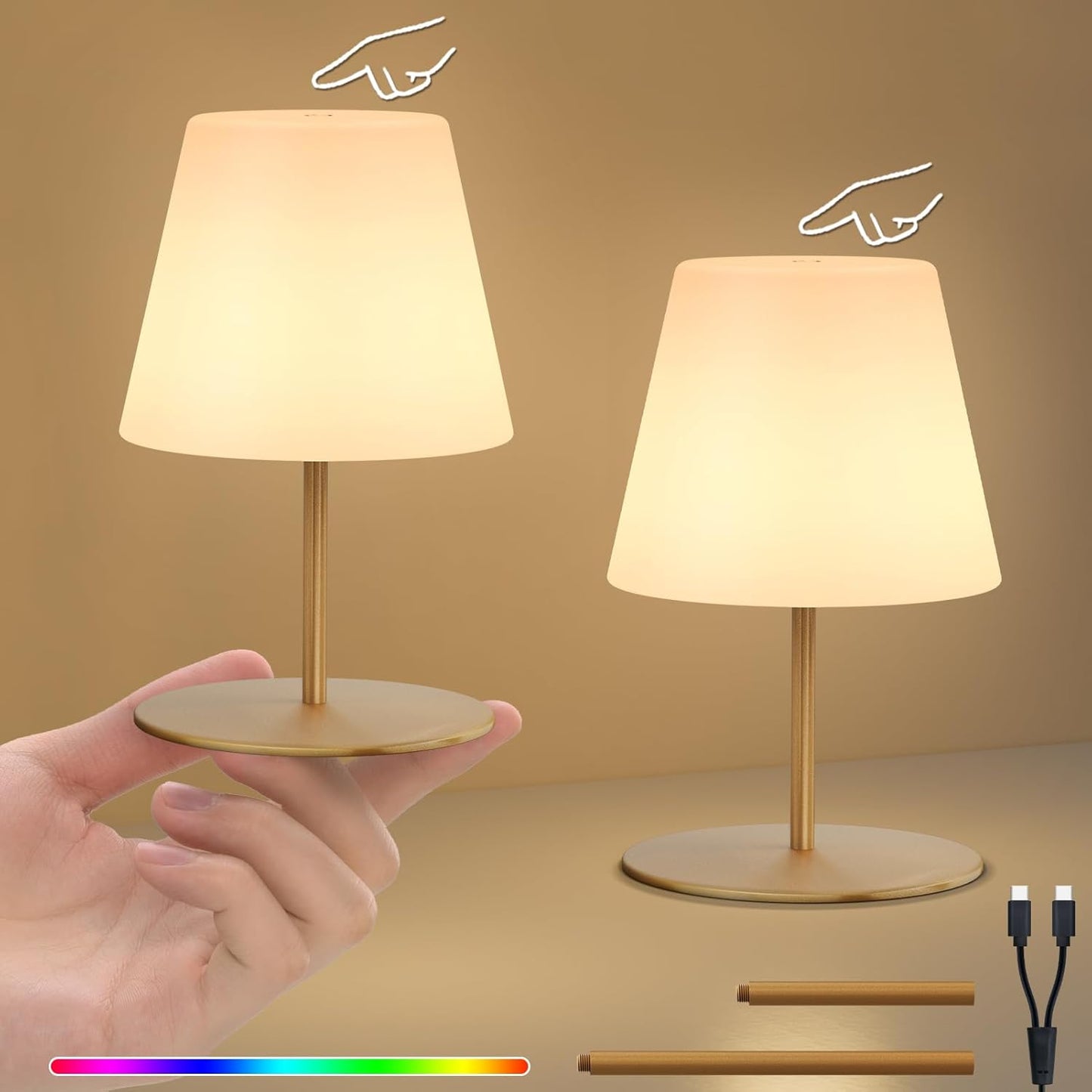 uuffoo 2 Pcs Mini Touch Shower Lamps Waterproof with 2-Step Warm White | Soft Light for Eye Care, Cordless Recharge lamp, RGB, IP44, Dual Plug USB Charging Cable, Color Temperature Memory(Gold)