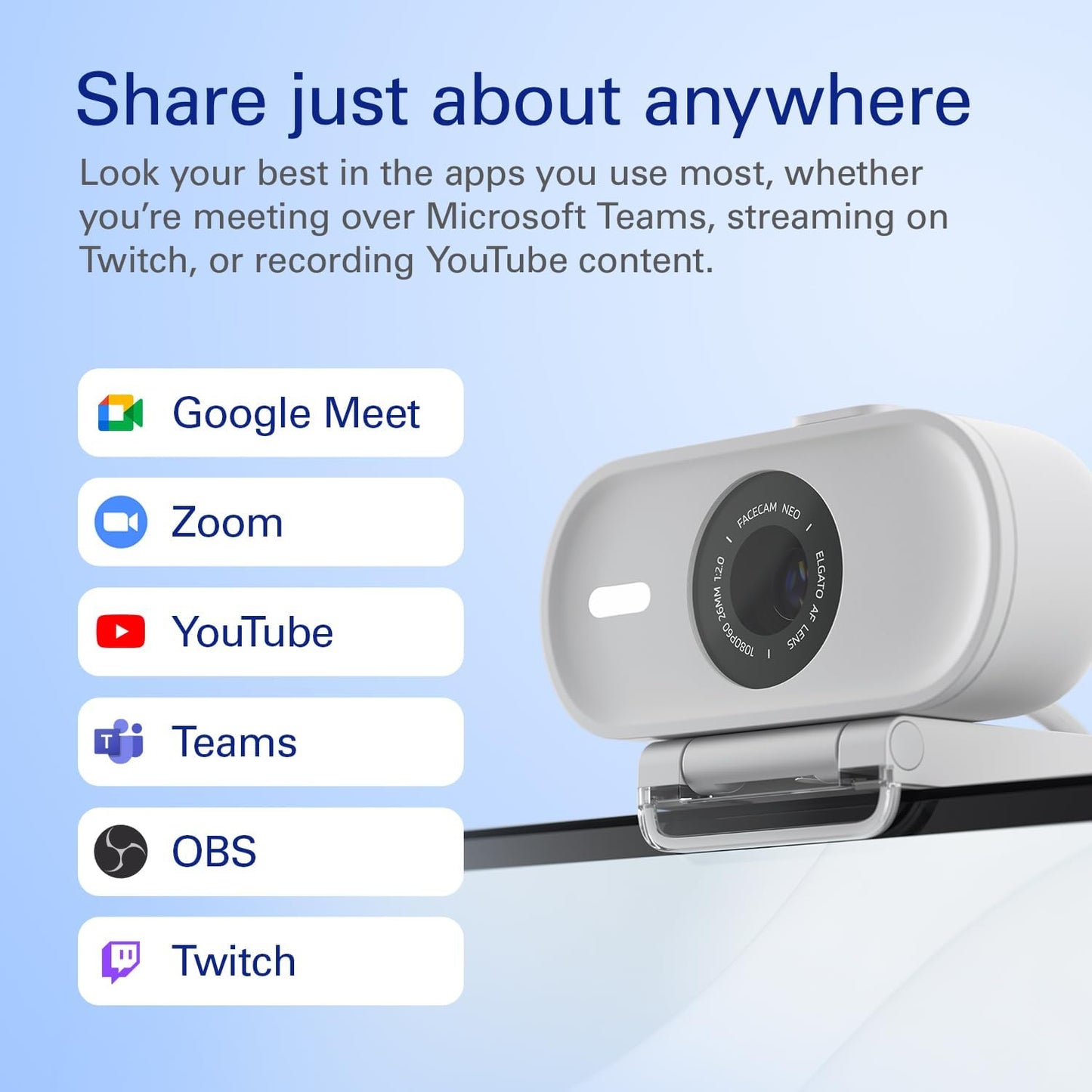 Elgato Facecam Neo, Full HD Webcam with Privacy Shutter | 1080p60 true HD video, HDR enabled, Plug and play setup, Easy-slide shutter, Zero-plastic packaging, USB-C