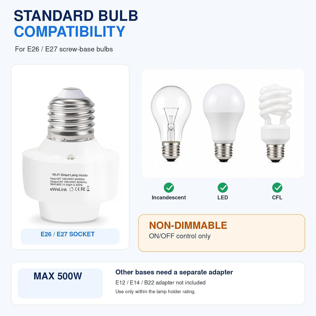 QIACHIP Smart WiFi Bulb Socket E26 E27 Light Bulb Adapter