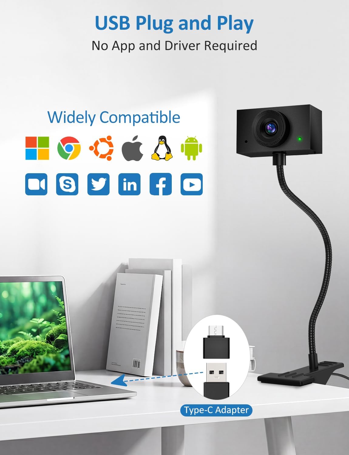 Webcam with Stand, 2K Webcam for PC with Microphone, HD Laptop Web Camera | Wide Angle Webcam With FOV 95°, USB Plug & Play, Manual Focus, Zoom Computer Webcam for Online Teaching, Video Calls