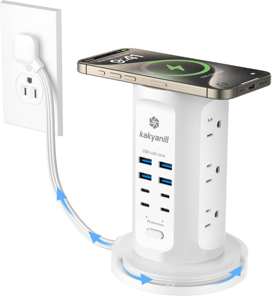 Power Strip Tower, kakyanill Charging Station 9 AC Outlets 8 USB Ports | 6 Ft Retractable Extension Cord, 15W Wireless Charger, White