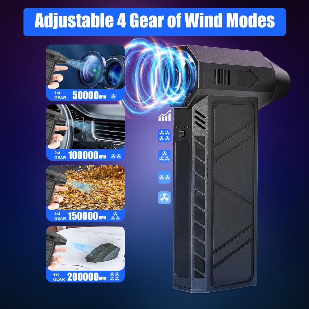 Compressed Air Duster - 110000RPM Electric Air Duster, 4 Gear Mini Portable Jet Dry Air Blower, Adjustable Rechargeable Cordless Barber Blower, for Car, Computer, Home, Outdoors- Black