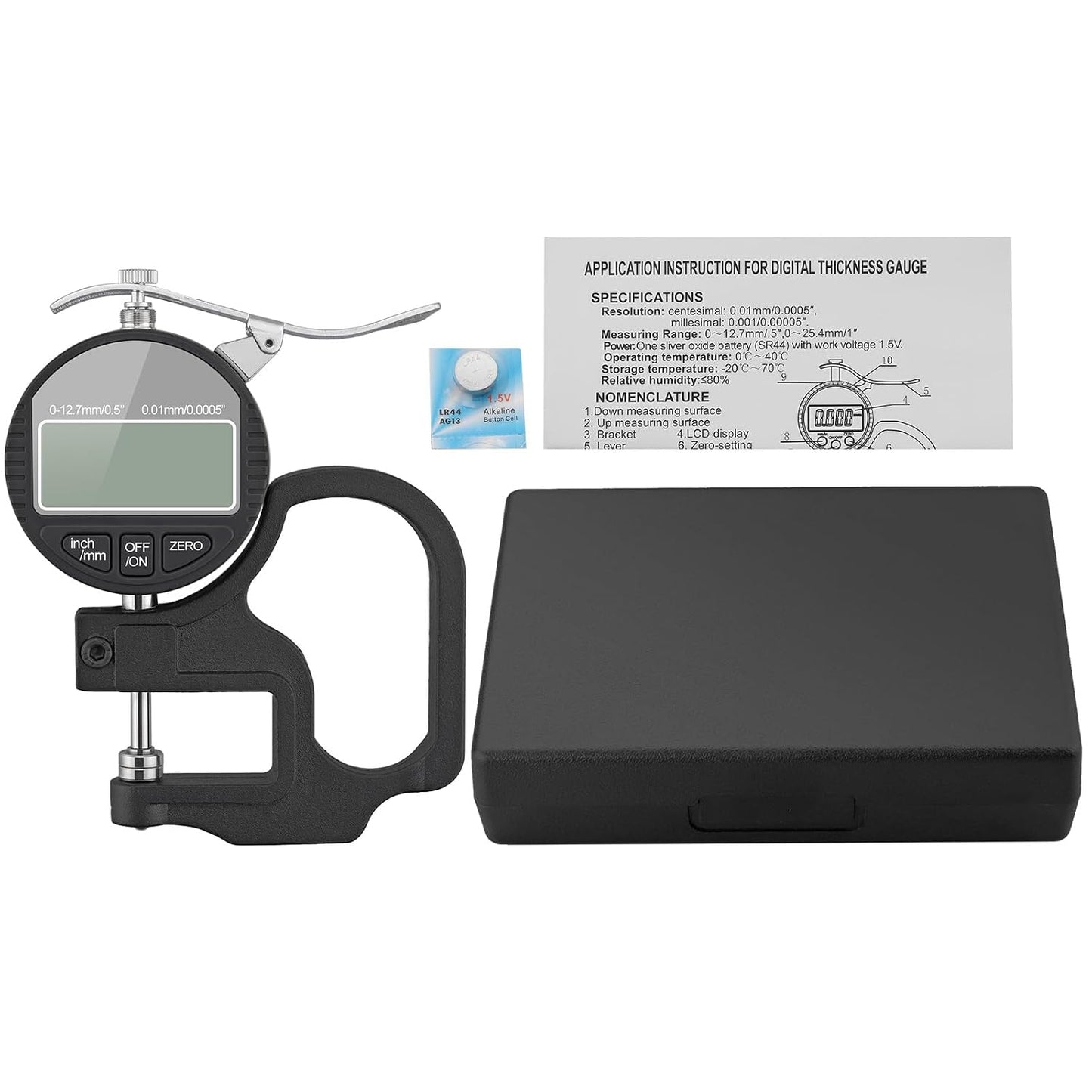 Neoteck Digital Thickness Gauge 0.5inch/12.7mm,0.0005inch/0.01mm Accuracy | with LCD Display, Inch/MM Conversion ,One-Hand Quick Press Thickness Measuring Tool for Leather Paper Fabric Film -Grey