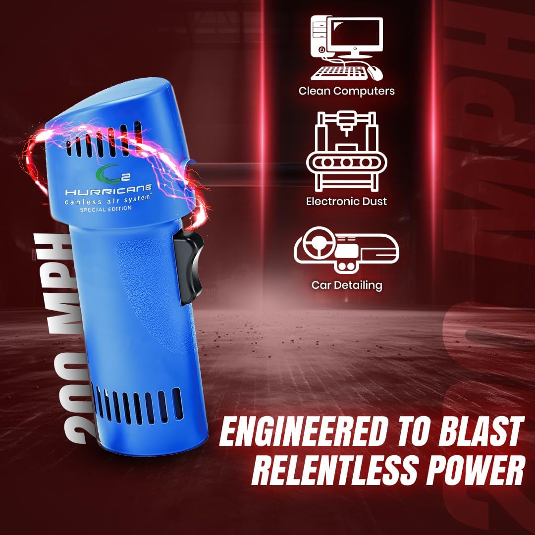 O2 Hurricane Air Duster - Rechargeable Air Blower with 200 MPH Airflow - 5 Attachments Dust Removal Tool - Compressed Air Alternative for Electronics, Computers & Car Detailing