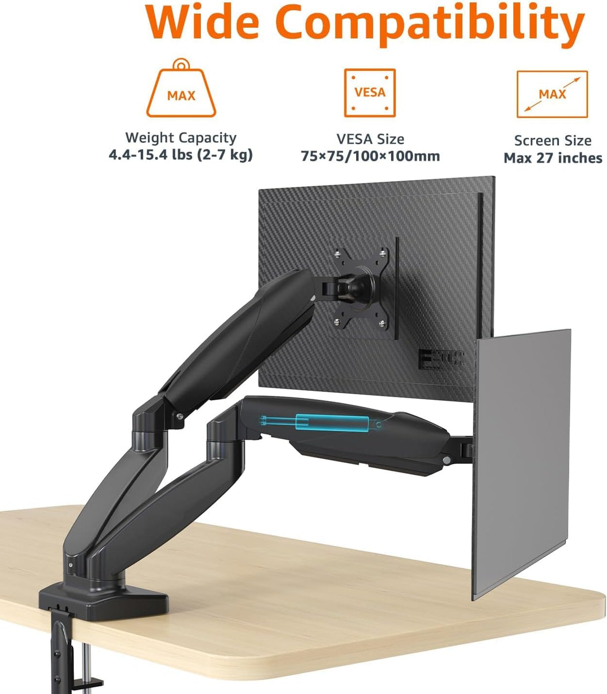 Amazon Basics Gas Spring Dual Monitor Arm Desk Mount, Adjustable Tension, Fits 15–27 Inch Monitors, Supports 4.4–15.4 lbs Each Arm, VESA 75x75/100x100, Black