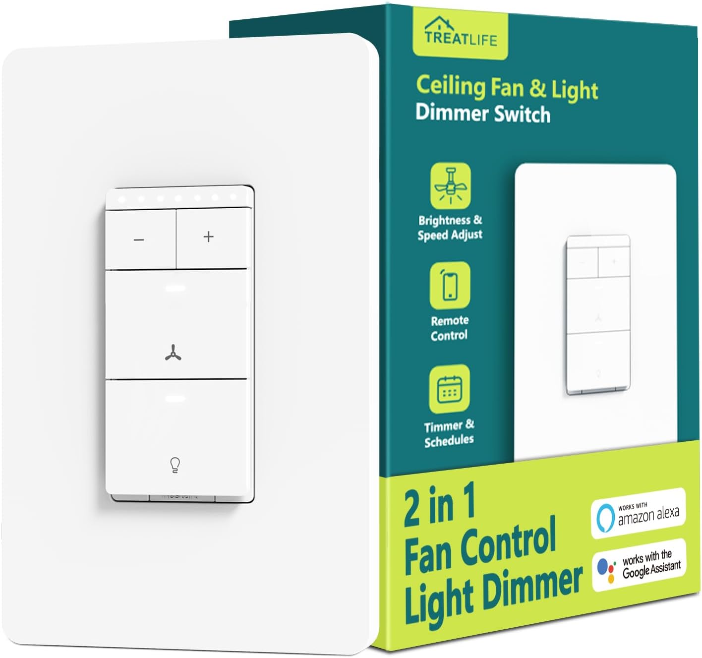 Smart Ceiling Fan Control and Dimmer Light Switch, Neutral Wire Needed, TREATLIFE 2.4Ghz Single Pole Wi-Fi Fan and Light Switch Combo, Works with Alexa, Google Home and SmartThings, Remote Control