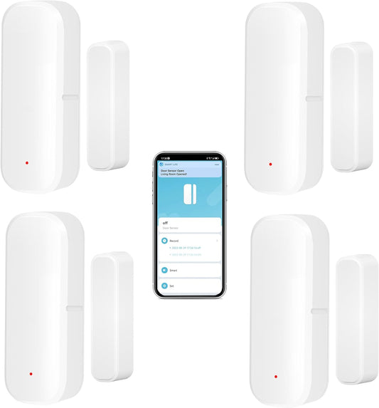 WiFi Door Sensor: Wireless Window Sensor with App Alerts, Tuya Smart Contact Sensor for Home Security and Smart Home Automation, No Hub Required, Compatible with Alexa Google Assistant(4-Pack)
