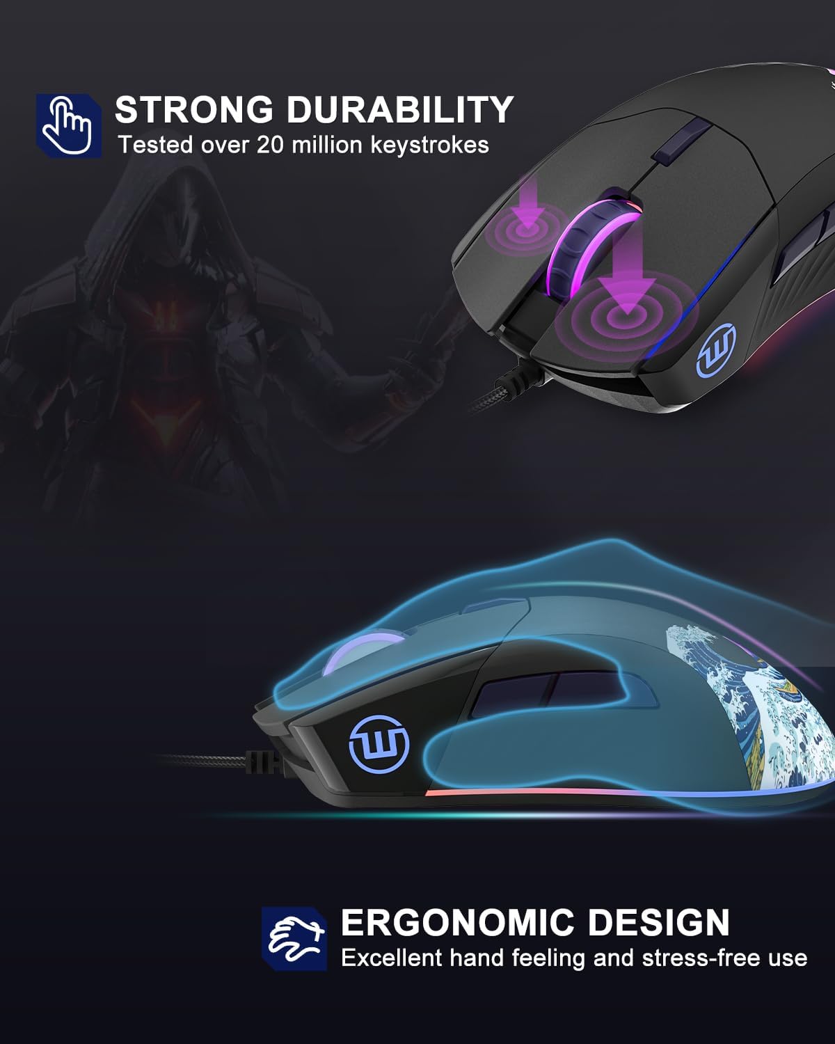 COSTOM Womier USB Wired Gaming Mouse for PC Computer Windows Mac Laptop | Lightweight Silent RGB Backlit Mouse with Adjustable 12000DPI/7 Programmable Side Buttons, Black Kanagawa Theme-G705 V2