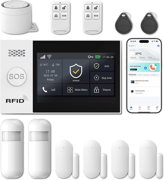 LWOHSI Wireless Home Alarm System with LCD Touch Screen,Smart Home Security Systems with DIY Door Sensor,Motion Detector,GSM 4G /App Instant Alerts for Apartment,No Monthly Fee
