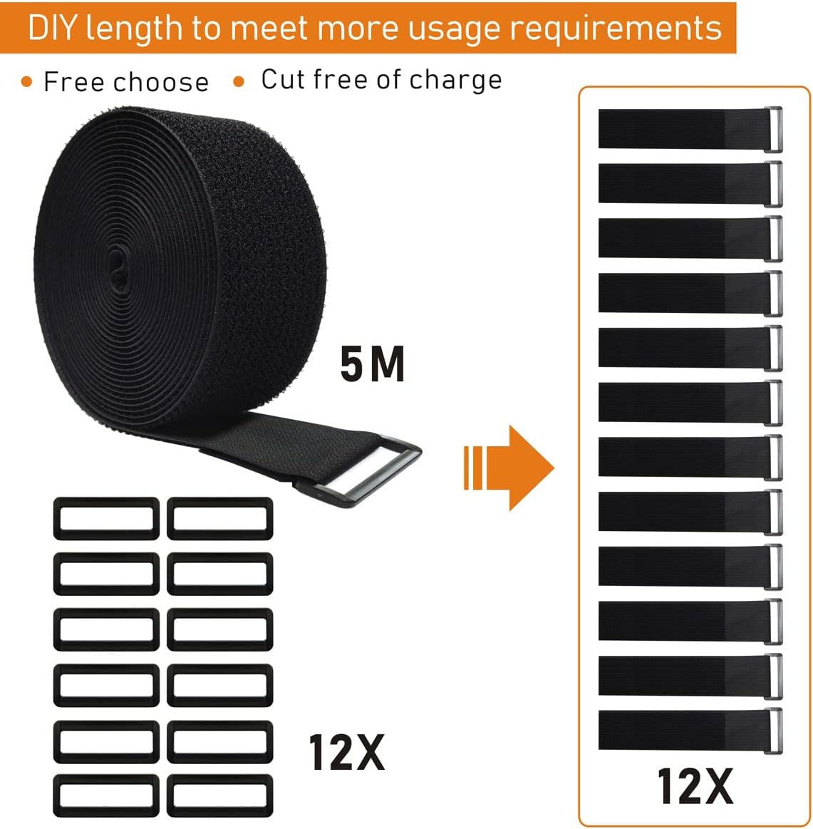 16Ft x 2In Adjustable Cable Straps with 12 Buckles, Free Cut Length, Black Reusable Fastening Cable Ties, Hook and Loop Securing Strap for Cable Tidy, Wire Management, Cord Organiser, Black