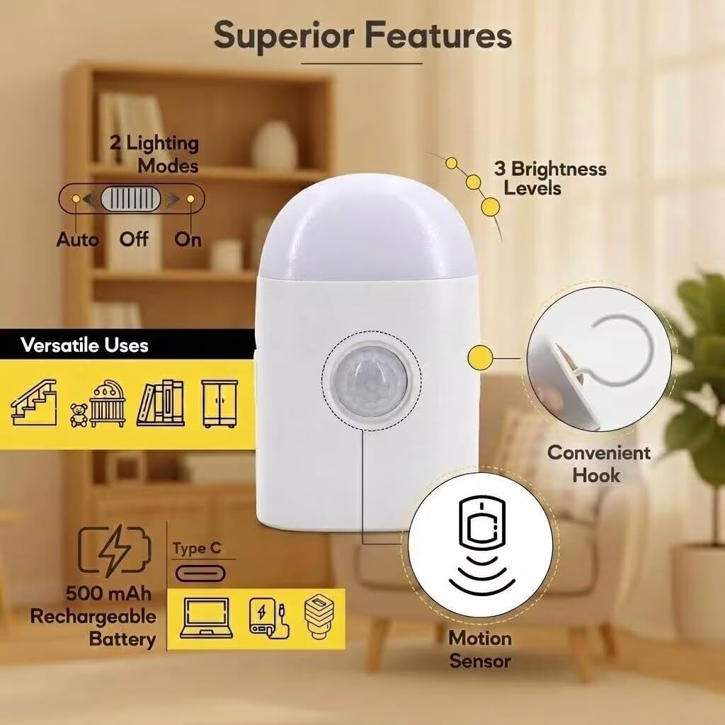 Motion Sensor LED Night Light,Warm White Dimmable Rechargeable Stick & Hook | 2 modes: motion sensor & steady light,3 dimmable levels,ideal for hallway,stairs,bedroom,bathroom,cabinet,camping