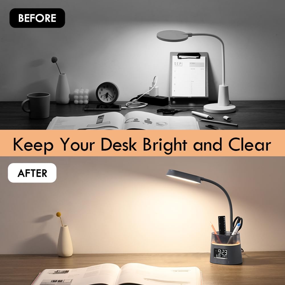 Led Desk Lamp with Pen Holder, Touch Lamps for Nightstand Eye-Caring Bedside Reading Light with Clock, Office Lamps Stepless Dimming, Lamp for Dorm Room, Suitable for Kid/Girl/Boy (Gray)