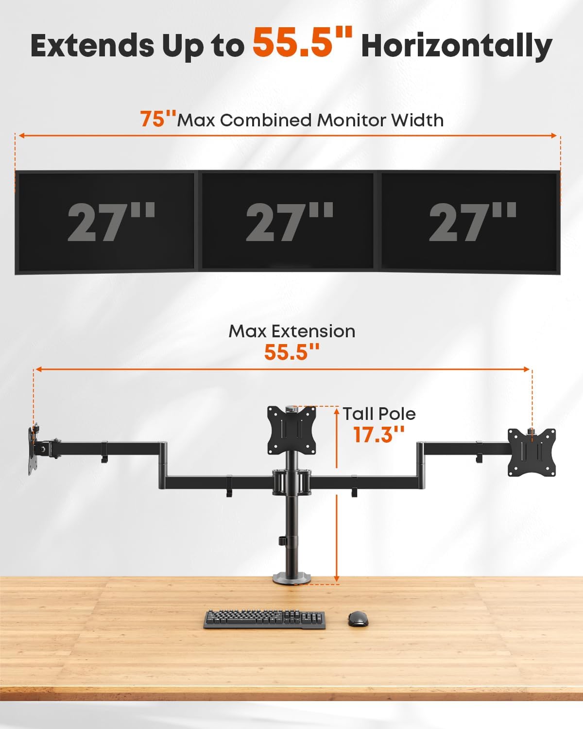 Triple Monitor Mount,Full Motion Arm Fits up to 27 inch | Three Monitor Desk Mount,Cable Management,22 lbs Weight Capacity per Arm,VESA 75/100mm,Black