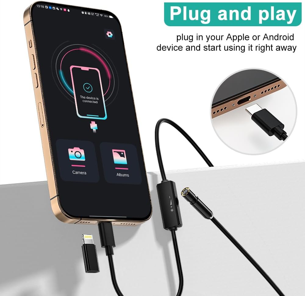 Endoscope with Light,1080P HD Borescope Camera with 8 Adjustable LED Lights 8mm Lens, Inspection Camera with 16.5ft Semi-Rigid Cable, Compatible with for iOS and Android
