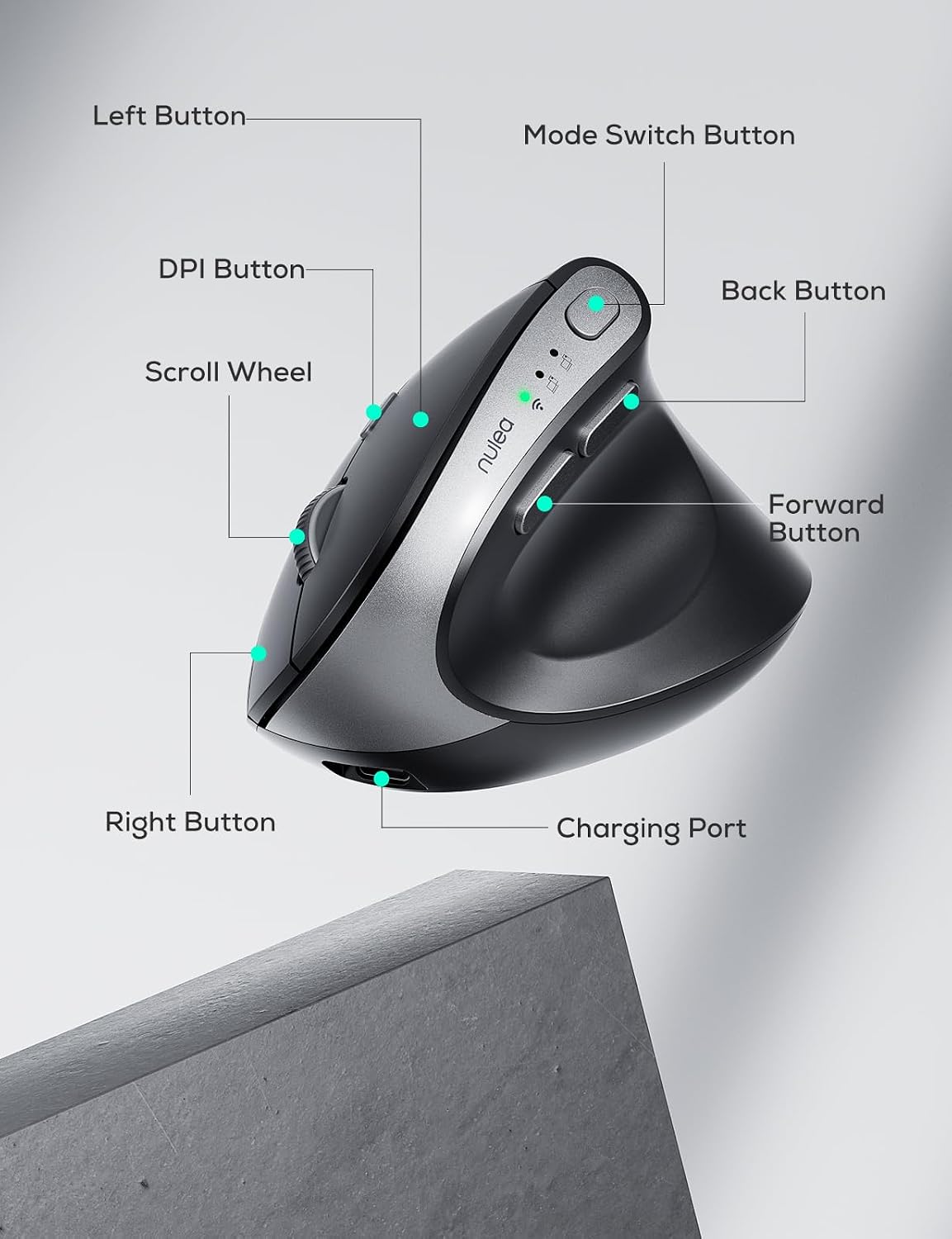 Nulea MD280 Ergonomic Vertical Wireless Mouse - Bluetooth & 2.4G Dual Mode, 4 Adjustable DPI 800/1200/1600/2400, Rechargeable, Silent Clicks, No Lag, 6 Buttons - Perfect for Laptop, Desktop Black