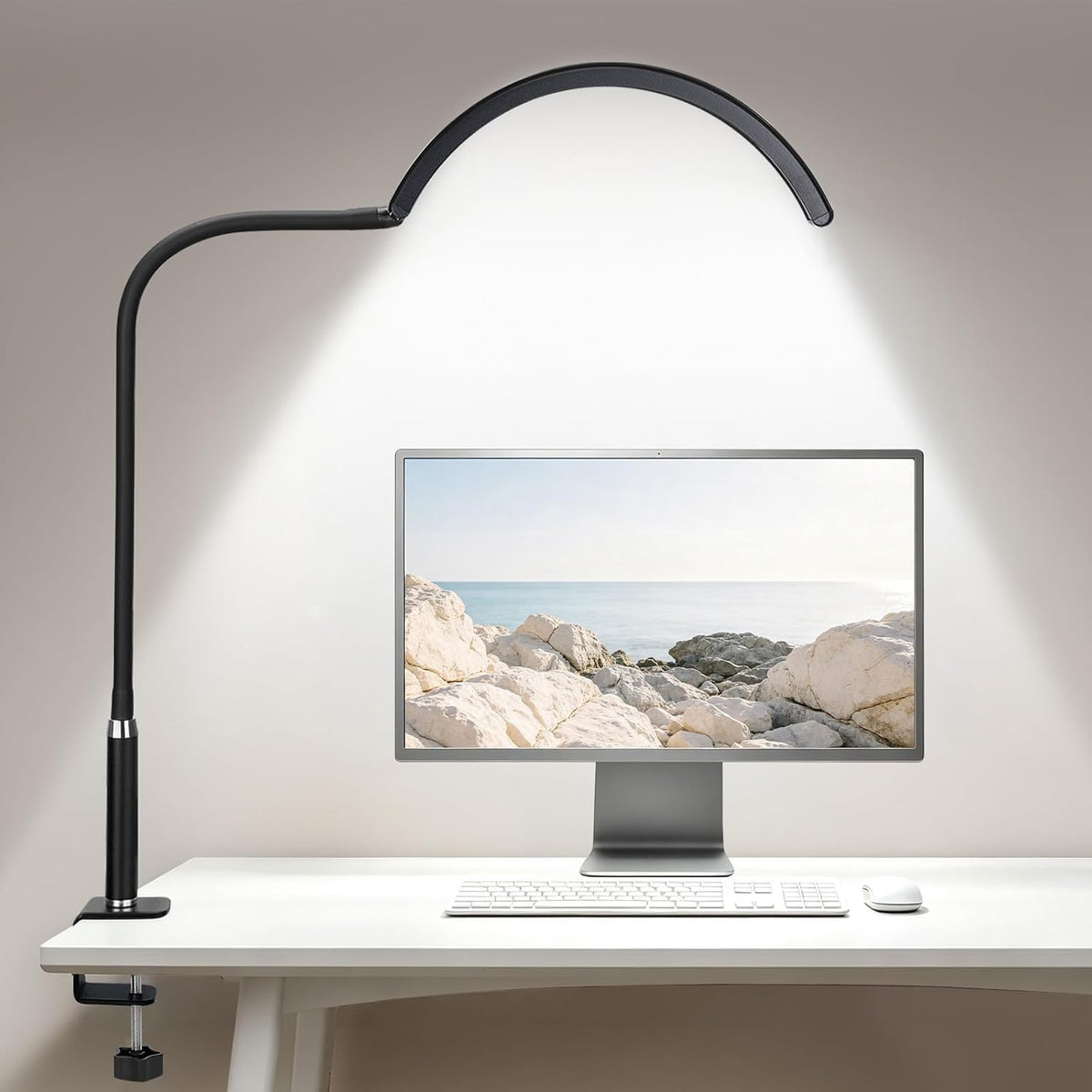 Half Moon LED Desk Lamp with Clamp, Dimmable Eye-Caring Light with 3 Color Modes and Flexible Gooseneck, Shadow-Reducing Clip-On Lamp for Home Office, Study, Reading and Workbench