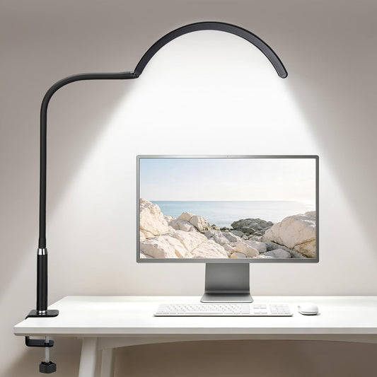 Half Moon LED Desk Lamp with Clamp, Dimmable Eye-Caring Light with 3 Color Modes and Flexible Gooseneck, Shadow-Reducing Clip-On Lamp for Home Office, Study, Reading and Workbench