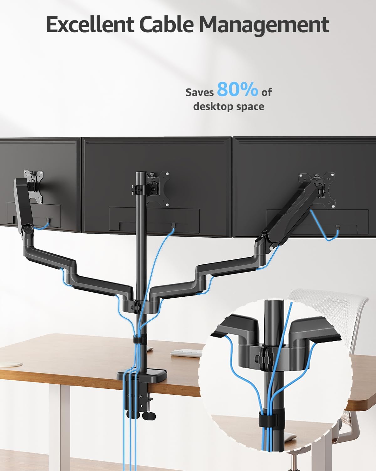 MOUNTUP Triple Monitor Stand Mount - 3 Monitors Desk Mount for Computer Screens Up to 27 inch, Triple Monitor Arm, Heavy Duty Monitors Stand, Each Arm Holds 4.4-19.8 lbs, Black